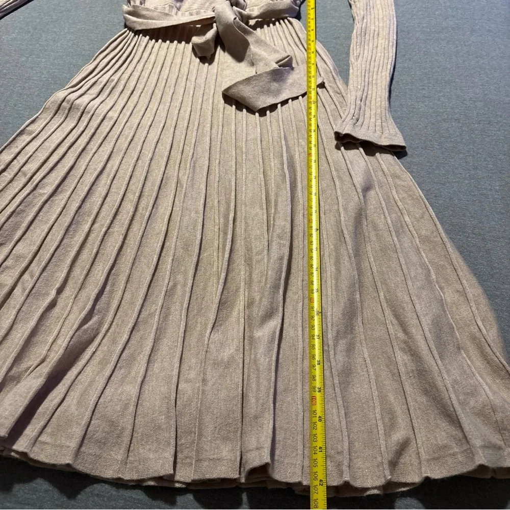 Tan A-Line Wrap Dress with Cuffed Sleeves